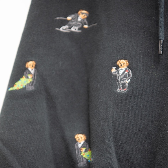 Ralph Lauren Polo Bear Hoodie Embroidered All Over Bears Sz M Black Winter Drink - Picture 3 of 5